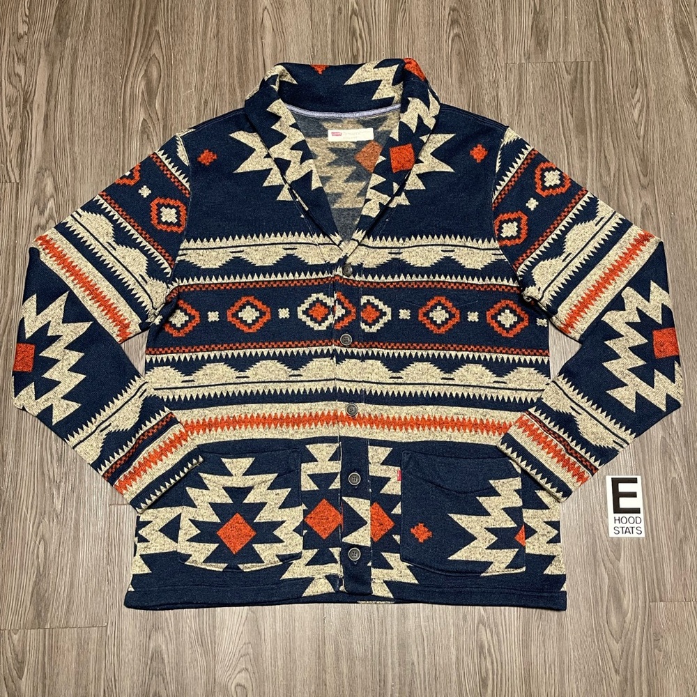 ❌S⭕️LD❌Levi’s Fleece Blue Southwest Aztec Geom Orange Tan Mens Size XXL Cardigan